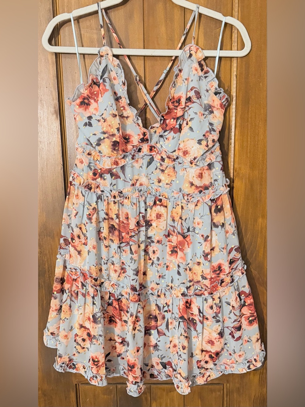 Floral Ruffle Tiered Sundress in Light Blue and Coral